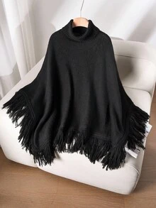 CosyJoli Áo len Poncho cổ cao tua rua cỡ lớn không đối xứng dành cho mùa thu đông dành cho nữ - màu đen - Xem 1