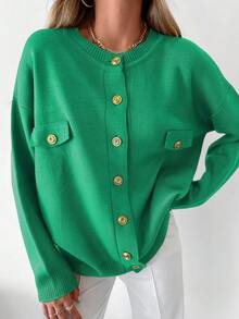 EURMUSE Ladies' Solid Color Round Neck Cardigan With Faux Pockets - Green - View 4