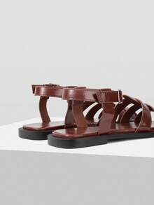 MOTF PREMIUM Giày sandal đế bằng mũi vuông bằng da PU thoải mái dành cho nữ để mang hàng ngày - màu nâu - Xem 4