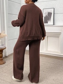 Modelyn 大码女式凤凰天鹅绒V领落肩长袖系带时尚针织开衫套装 - 棕色 - 查看 2