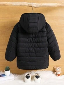 SHEIN YOUNG BOY Thick, Fluffy & Warm Hooded Zip-Up Padded Coat, Suitable For Winter Outfits Fall - Black - View 2