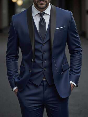 Manfinity Mode Men's Casual Gentleman Suit, Fashionable British Style Essential For Work And Leisure Men S Classy Clothes Navy Blue Men Suit Men Suits 3 Piece Men Dress Wear Men Wedding Suit