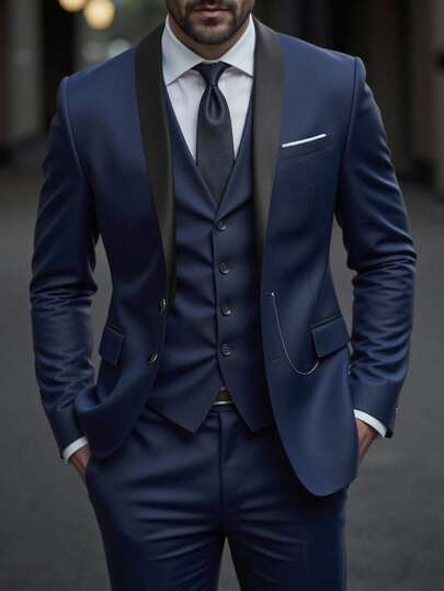 Manfinity Mode Men's Casual Gentleman Suit, Fashionable British Style Essential For Work And Leisure Men S Classy Clothes Navy Blue Men Suit Men Suits 3 Piece Men Dress Wear Men Wedding Suit