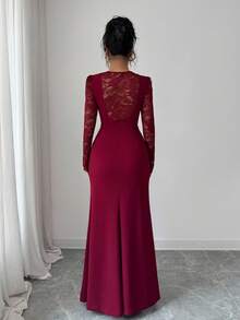 SHEIN Elenzya فستان طويل الأكمام للنساء بياقة على شكل حرف V وخصر مطوي وتصميم مشقوق أنيق رومانسي بتباين الدانتيل