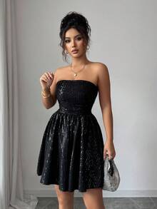 SHEIN Raffinéa New Fashion Elegant Party Style Date Dress Sleeveless Full Skirt Body-Hugging Waist Slimming Black Shiny Sequins Short Party Women's Dress, Elegant Dress For Women,Black Formal Dress For Women , Luxury Dresses ,Chic Dress, Sequin Dress For Women, Christmas Women's Clothing,New Year Clothes,Elegant Dresses For Party,Going Out Outfit ,Graduation Dress For Women,, Prom Dresses