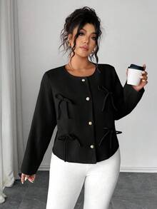 Elenzga Áo khoác nữ cỡ lớn thanh lịch, cổ tròn, tay dài, trang trí nơ phía trước, cài khuy, màu hồng, thích hợp cho mùa thu/đông. - màu đen - Xem 3