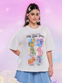 My Little Pony X SHEIN 大码可爱字母和马匹印花短袖T恤，夏季 - 白色 - 查看 3