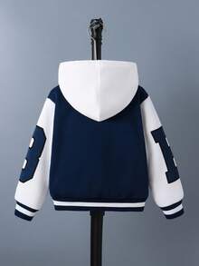 SHEIN 1pc Young Boys' Casual Jacket, Minimalist Collar Design, White Sleeve Contrast With Blue Body, Letter Graphic Print, Ribbed Cuffs And Hem, Suitable For Daily Wear, Sports, School, Travel, Versatile With Various Pants