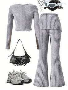 SHEIN Sparklyn Teen Girls Casual Comfortable Fitted Long Sleeve Top And Pants Set, Suitable For Daily Wear And Lounging, Spring/Autumn Fall Winter