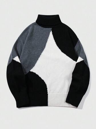 Street Life Maglione casual da uomo con collo alto e colore a contrasto, adatto per l'autunno e l'inverno