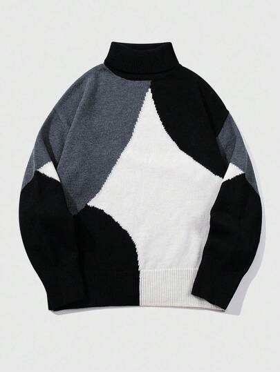 Street Life Jersey de cuello alto holgado y casual con contraste de color para hombre, otoño e invierno