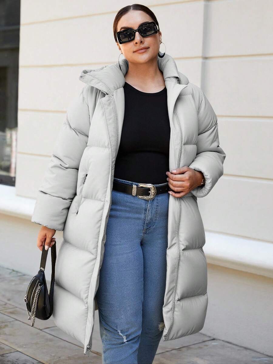 SHEIN Cottnline Plus Size Women Solid Color Long Sleeve Zipper Hooded Winter Jacket - Light Grey - View 1