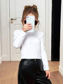 Emery Rose Kids Emery Rose Kids Young Girl Chic Casual Elegant Commuting Gigot Sleeve Fitted Long Sleeve T-Shirt, Autumn Tee Fall ,Mom And Daughter & Sisters  Matching Winter