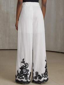 Aveloria Modichic New Ink Painting Style Pants, White Base With Black Embroidered Wavy Hem, Comfortable For Tea Parties, Bazaars, And Everyday Wear - Black and White - View 2