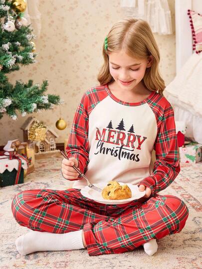 SHEIN 圣诞元素印花撞色插肩格子长袖和裤子休闲女童睡衣套装