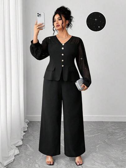 Elenzga Women's Plus Size V-Neck Shiny Mesh Stitching Long-Sleeved Elegant Shirt With Simple Trousers Two Pieces Suit Going Out Tops Club Party Baggy Pants Fall Cloth For Women