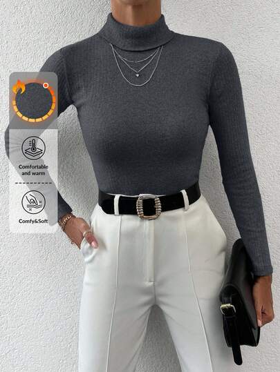 Maglione casual da donna a collo alto, monocolore, slim fit, adatto per l'autunno/inverno