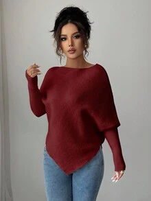 Elenzga 女式不对称蝙蝠袖圆领休闲优雅针织毛衣上衣，适合度假和节日，春秋冬 - 酒紅色 - 查看 4
