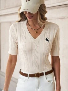 Solivie Áo len dệt kim đa năng thanh lịch dành cho nữ, áo len thường ngày cổ điển của Pháp dành cho nữ đi chơi công sở, áo thun dệt kim co giãn chuyên nghiệp dành cho các môn thể thao ngoài trời cơ bản, thêu - Màu be - Xem 6