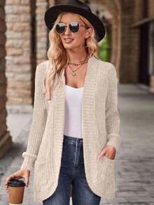 EMERY ROSE Women's Solid Color Long Sleeve Ribbed Pocket Design Casual Regular Jacket, Autumn - Apricot - View 5