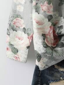 SHEIN Privé 大码女式花卉图案长袖单排扣休闲针织开衫，秋冬 - 墨綠色 - 查看 3