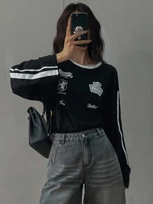 DAZY Women's Crew Neck Striped Long Sleeve Printed Fashion T-Shirt Preppy Tops Fall Tops