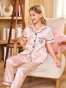 SHEIN 青少年女孩仿丝心形提花口袋刺绣开衫睡衣套装 - 粉色 - 查看 4