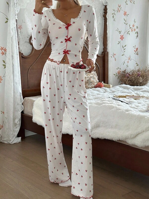 CottageSlumber CottageSlumber Women's Romantic Lace Fitted V-Neck Cherry Print Pajama Set Cherry Pajama Set Two Pieces Pajama Set Women Pajama Set Sleepwear Set Pajamas  Cozy And Elegant Details, Fall Clothes