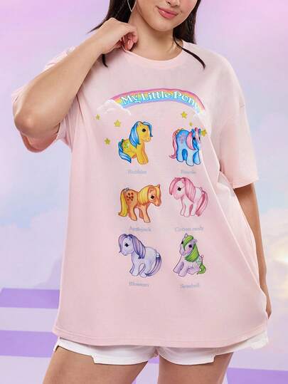 My Little Pony X SHEIN Plus Size Cute Horse Print Round Neck Short Sleeve T-Shirt, Summer Kawaii Shirt Cute T Shirts Horse Shirt