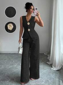 Selianne Women's Elegant Textured 2 Pieces Set, Pink, Summer - Black - View 6