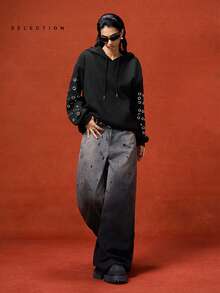 LYSMO 2025新款简约秋冬铆钉装饰宽松连帽衫黑色连帽衫女款女士连帽衫黑色运动衫连帽衫带孔眼连帽衫 - 黑色 - 查看 7