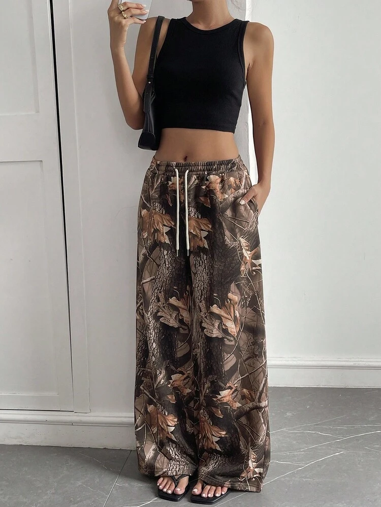 Women's Cinched Waist Textured All-Over Print Loose Straight Leg Casual Street Pants