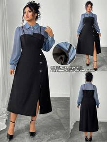 SHEIN Elenzya Plus Size Women's Color Block Long Sleeve Fitted A-Line Asymmetric Hem 2 In 1 Elegant Commuter Maxi Shirt Dress Fall Cloth For Women
