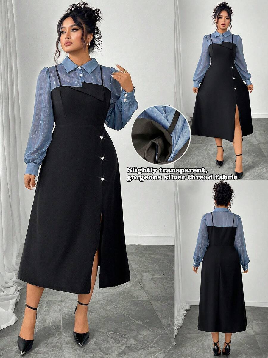 SHEIN Elenzya Plus Size Women's Color Block Long Sleeve Fitted A-Line Asymmetric Hem 2 In 1 Elegant Commuter Maxi Shirt Dress Fall Cloth For Women
