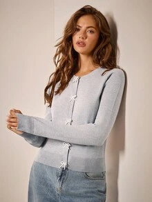 COSMINA 女士优雅纯色蝴蝶结长袖毛衣，秋冬女士开衫，蝴蝶结开衫 - 灰色 - 查看 1