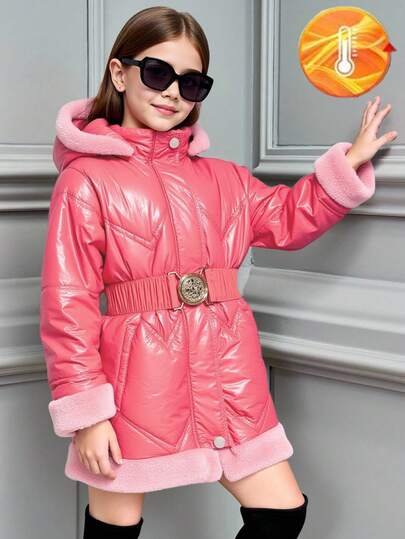 新款少女时尚可爱甜美收腰中长粉色羽绒服秋冬款