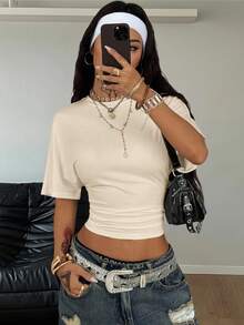 Coolane Women's Summer Minimalist Y2K Basic Daily Wear Casual Back To School Streetwear Stretchy White Loose Ruched Crop Tees