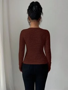 SHEIN LUNE 女士休闲纯色修身长袖系带T恤 - 棕色 - 查看 2