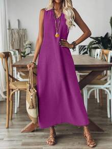 SHEIN LUNE CURVE Gaun Panjang Minimalis untuk Wanita Ukuran Plus - Purple - View 3