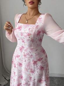Modelyn 女士粉色花卉印花拼接方领长袖优雅约会连衣裙
