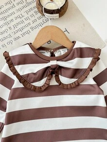 SHEIN Baby Girl Cute Casual Knitted Striped Peter Pan Collar Loose Long Sleeve Dress Fall Winter - Multicolor - View 7