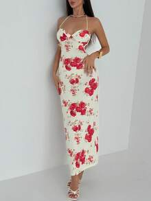 Aloruh 女式花卉印花紧身露背连衣裙 - 淺粉色 - 查看 4