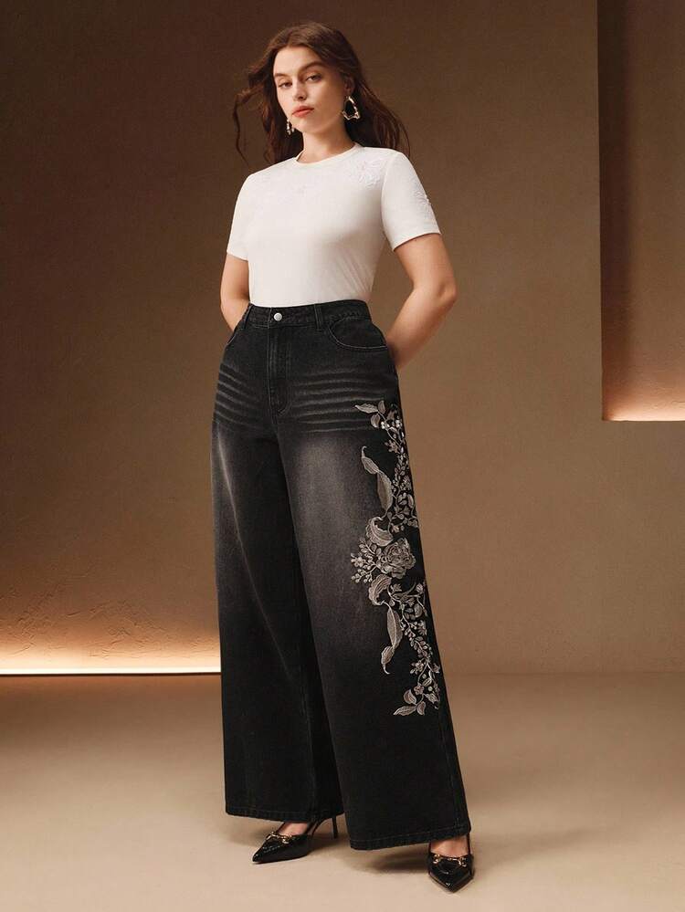 ヴィンテージスタイル 刺繍入り ブラック ストレートレッグ ジーンズ レディース