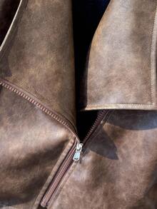 Stylish Modern Faux Leather Jacket, Suitable For Girls, Long Sleeve Outerwear Fall Winter - Brown - View 5