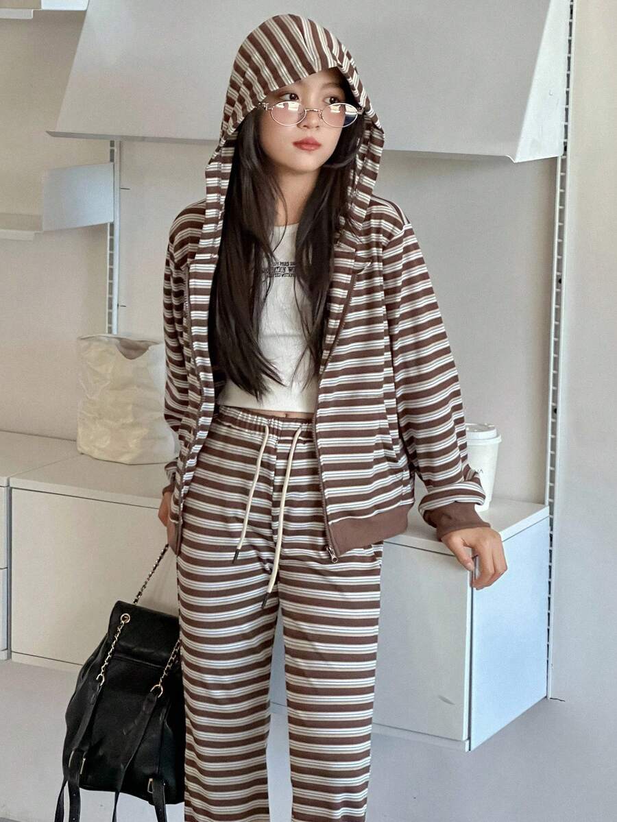 DAZY 少女复古条纹卫衣套装,时尚街头休闲装,秋季连帽衫 - 咖啡棕 - 查看 1