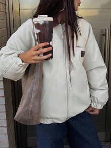 DAZY 女士撞色拼接灯笼袖羽绒服，厚实保暖，适合秋冬季穿着，皮夹克 - 杏色 - 查看 6