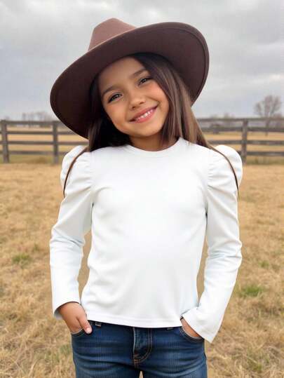 SHEIN Young Girl Chic Casual Elegant Commuting Gigot Sleeve Fitted Long Sleeve T-Shirt, Autumn Tee Fall ,Mom And Daughter & Sisters  Matching Winter