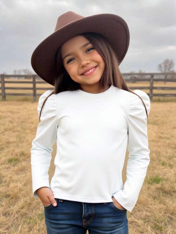 Emery Rose Kids Emery Rose Kids Young Girl Chic Casual Elegant Commuting Gigot Sleeve Fitted Long Sleeve T-Shirt, Autumn Tee Fall ,Mom And Daughter & Sisters  Matching Winter