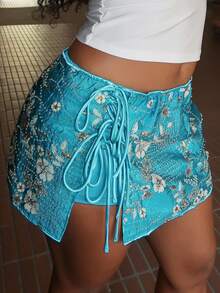Tyla Gomez Set 2pcs Celana Pendek dan Rok Mini Berpinggang Rendah Motif Bunga Berpayet, Cocok untuk Musim Panas - Biru - View 3