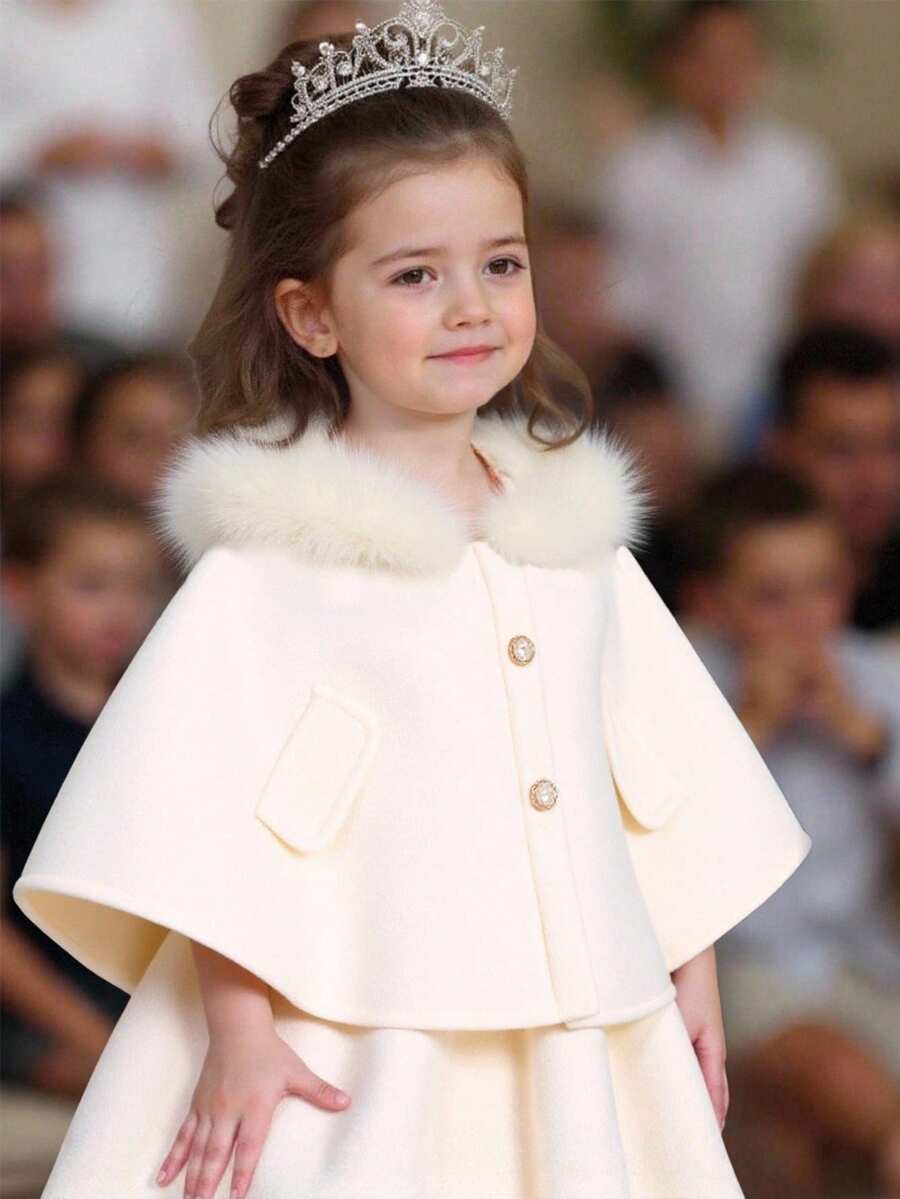 Winter Clothes,Winter Set,Winterclothes For Kids,Autumn Clothes,Halloween,Halloween Costumes,Christmas Clothes,Young Girls' Fashionable Hooded Faux Fur Poncho Jacket, Autumn/Winter Fall - White - View 1